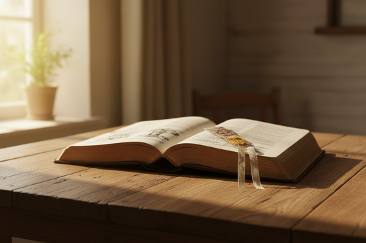 Open Bible with a ribbon bookmark resting on a wooden table in warm morning light