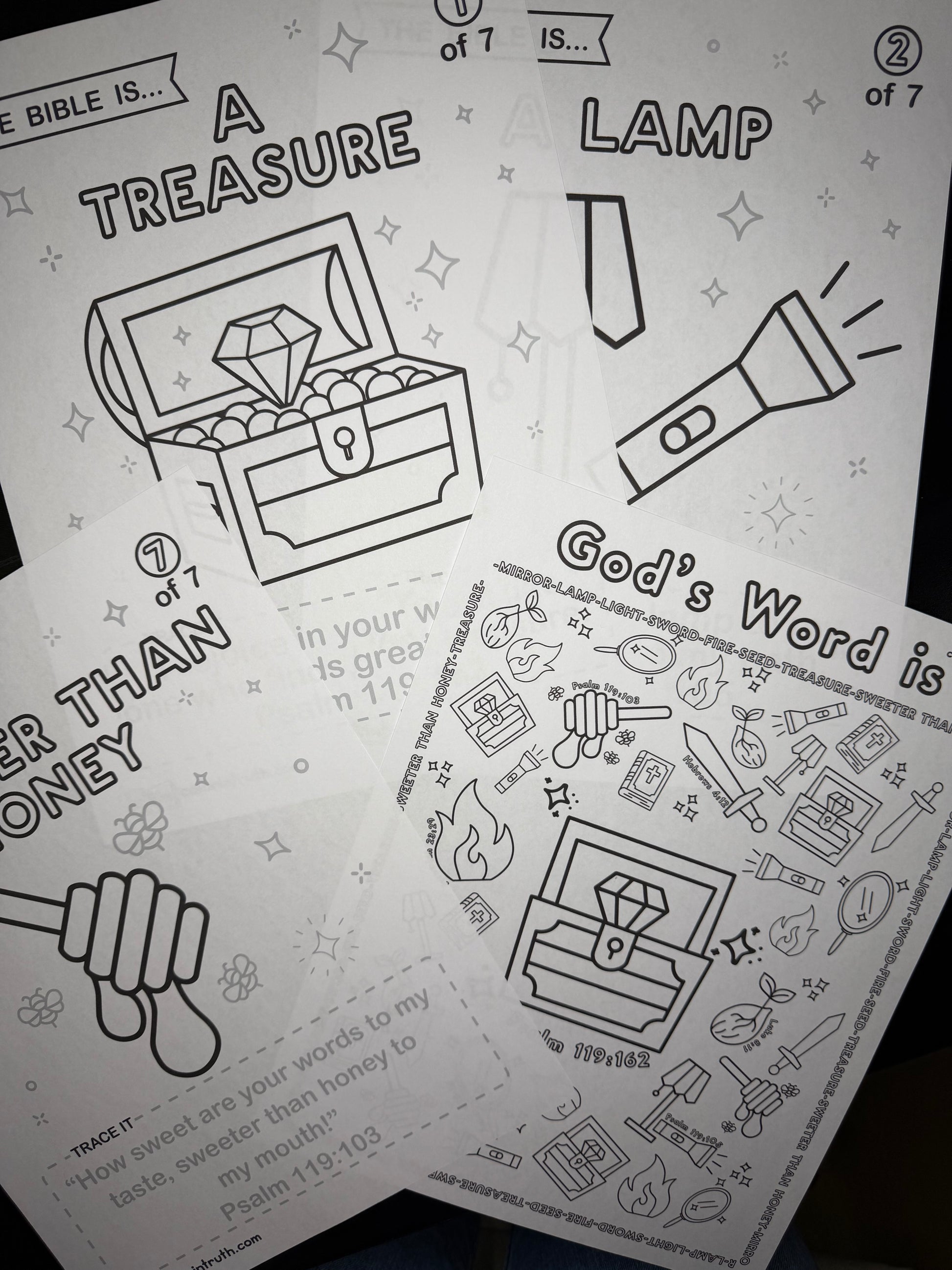 The Bible Is printable Scripture coloring pages featuring treasure, lamp, and honey designs with colored pencils