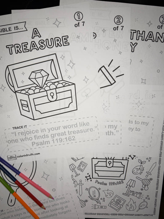 The Bible Is printable Scripture coloring pages featuring treasure, lamp, and honey designs with colored pencils
